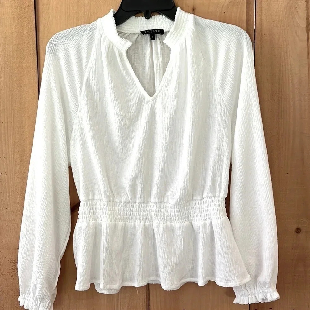 1.State Womens White Smocked Mock Neck V-Neck Blouse Top Size S - Picture 2 of 4
